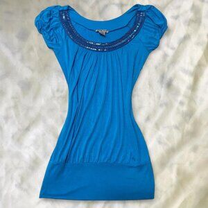 🌸🌀Y2K Blue Beaded Scoop Neck Tunic Mini Dress – Empire Stretch Fit🌀🌸